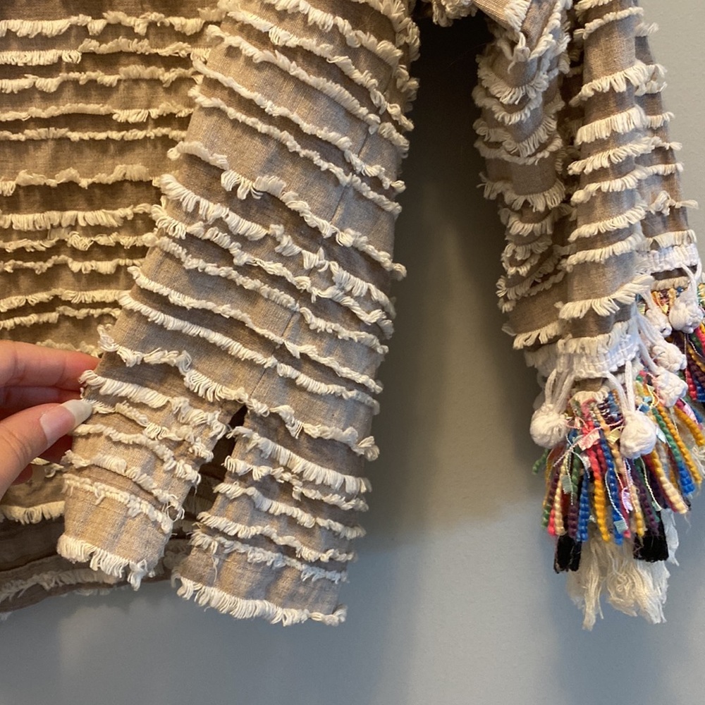 Moon River Tan Striped Festival Fringed Sleeve Top - Picture 5 of 8